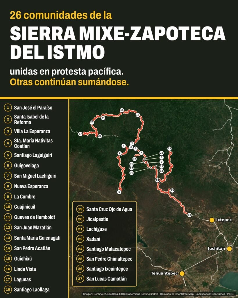 Infografía con el mapa y los nombres de las 26 comunidades de la Sierra Mixe-Zapoteca del Istmo unidas en protesta pacífica